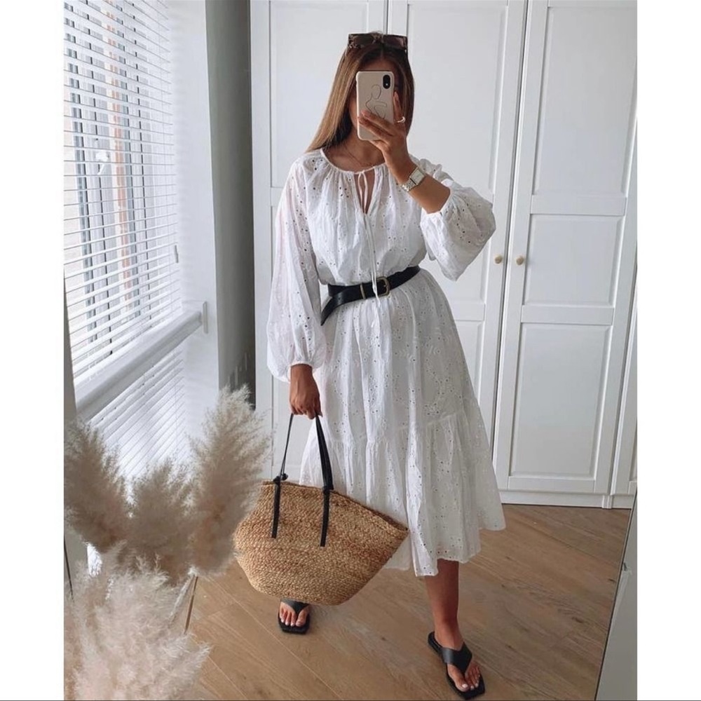 ZARA Openwork Cutwork Embroidered Boho Lightweight Dress White